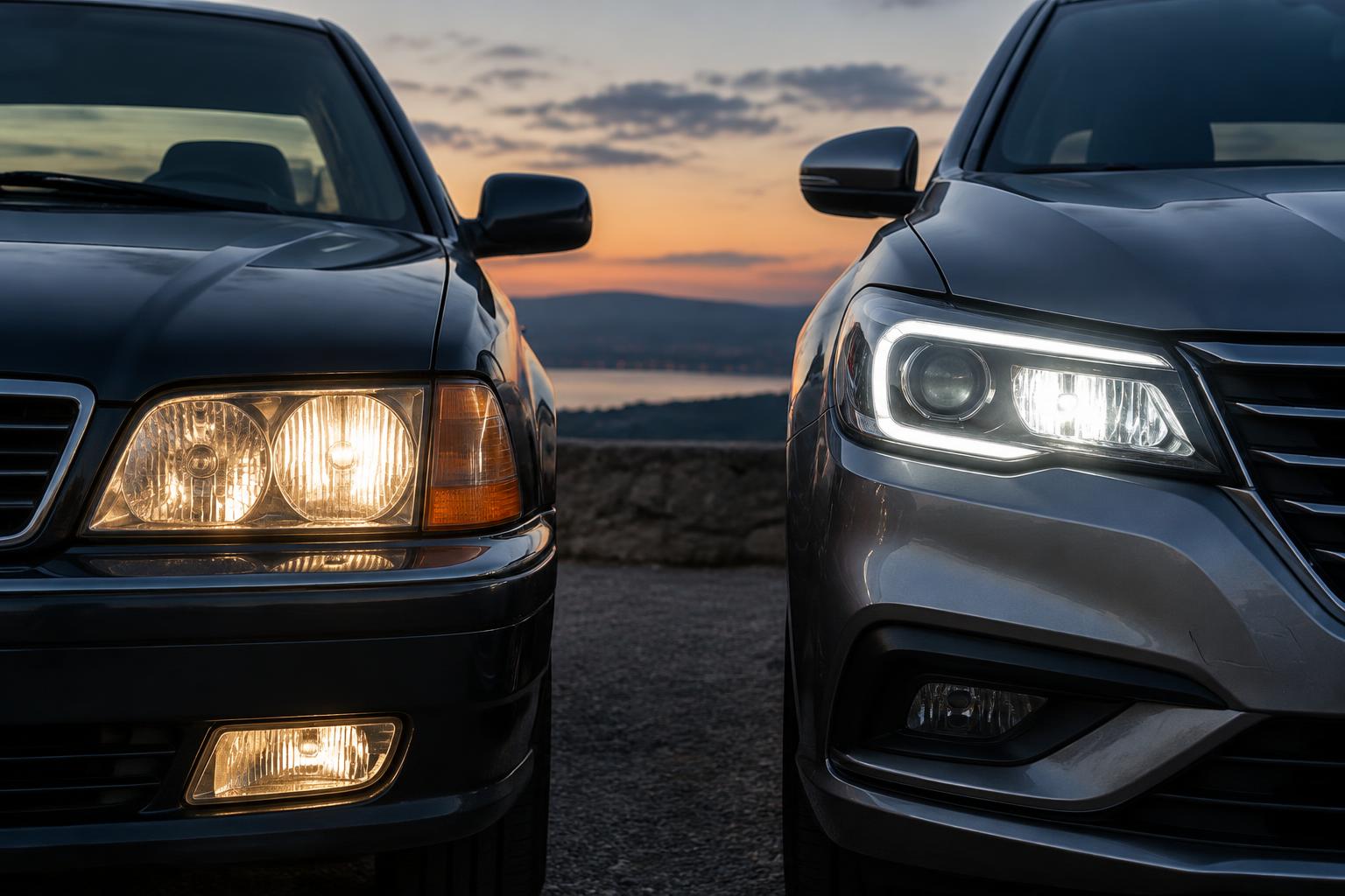 Illustrative vehicles with warm and neutral-white headlight appearances