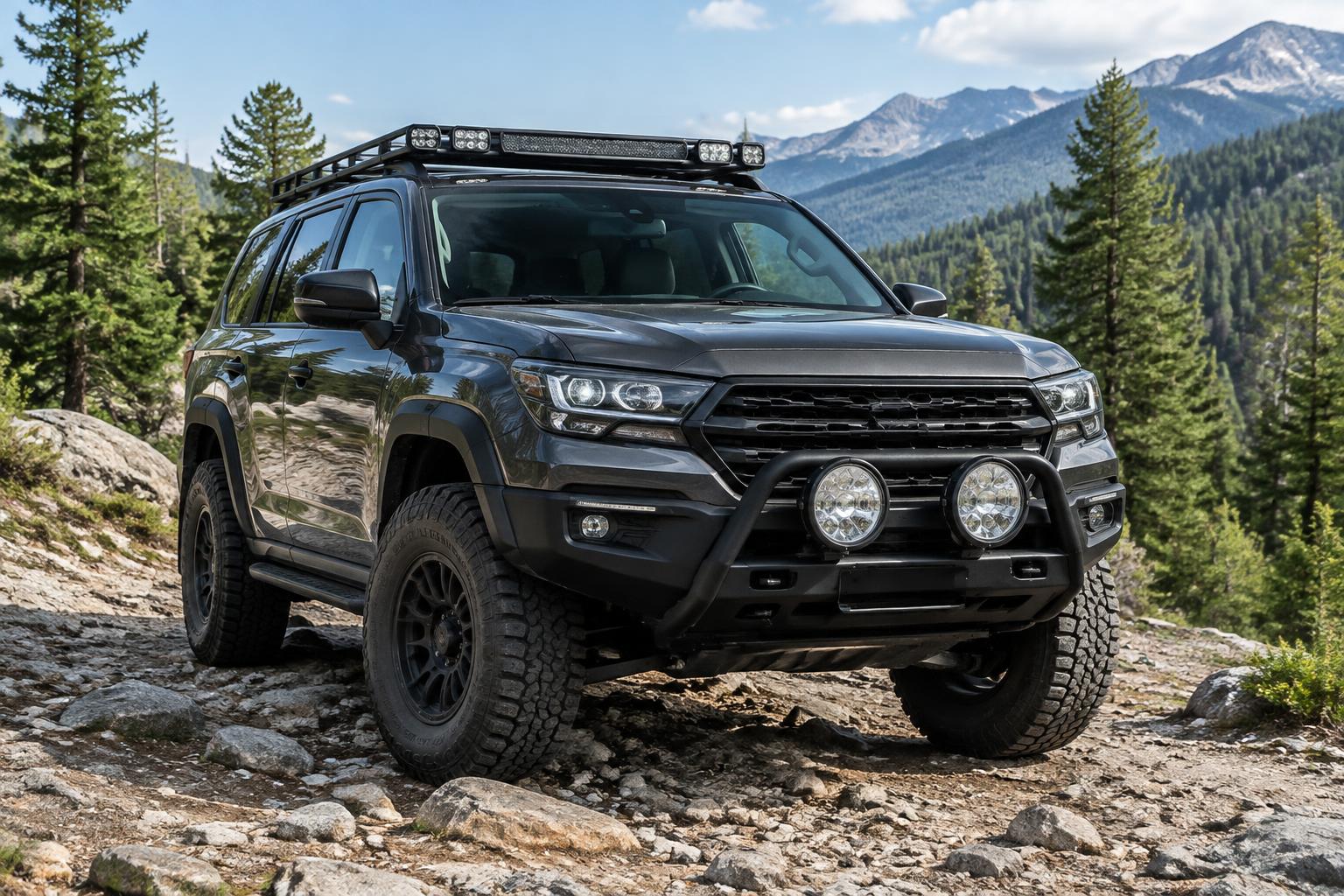 Illustrative trail vehicle with auxiliary lights on a rocky mountain route